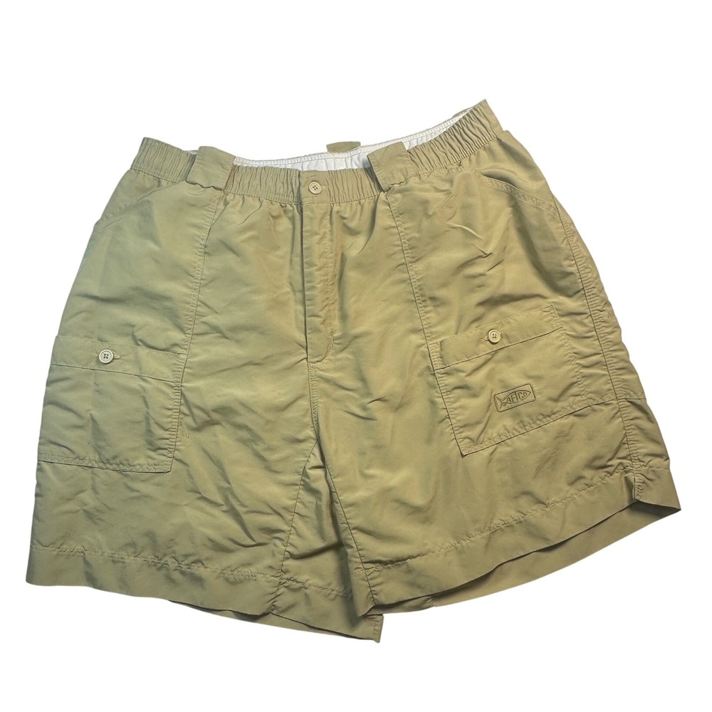 AFTCO‎ Mens Khaki Nylon Performance Fishing Shorts Size 42 Elastic Waist Tan